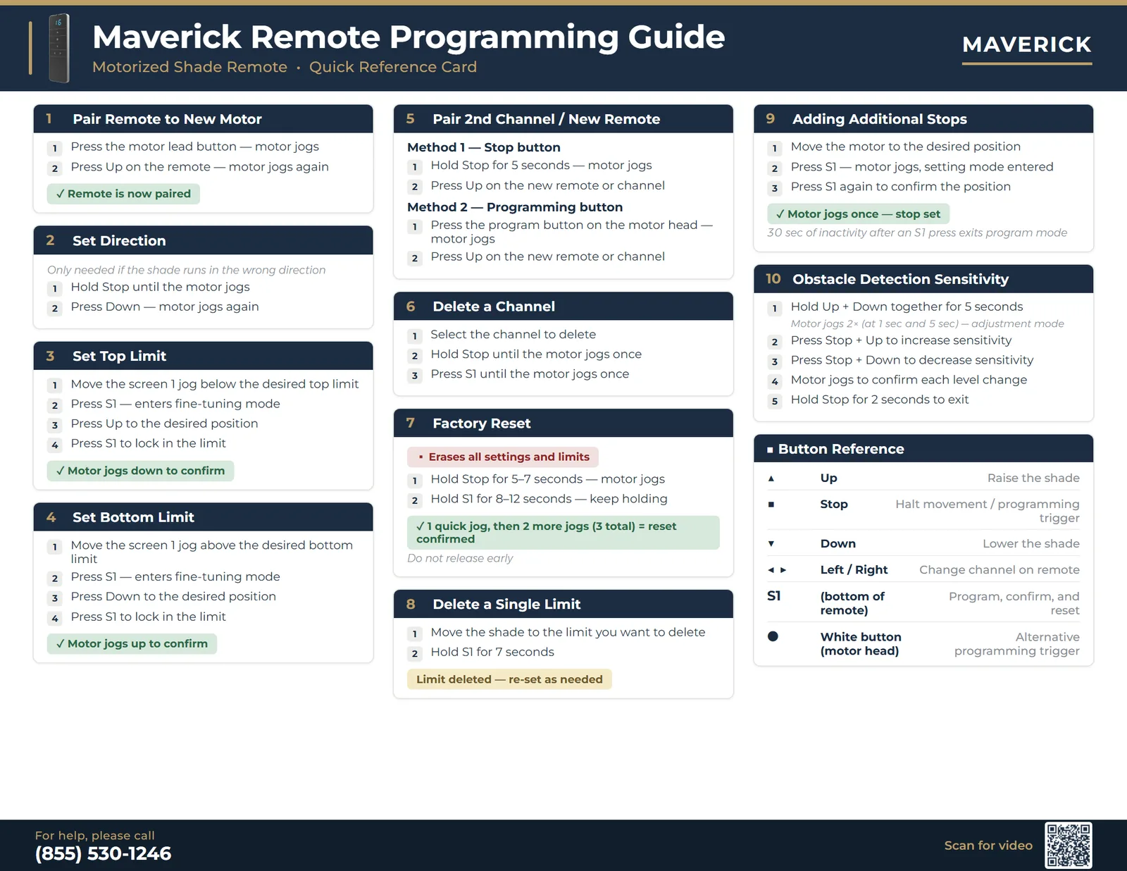 Maverick remote programming guide — pair remote, set direction, set top and bottom limits, add and delete channels, factory reset