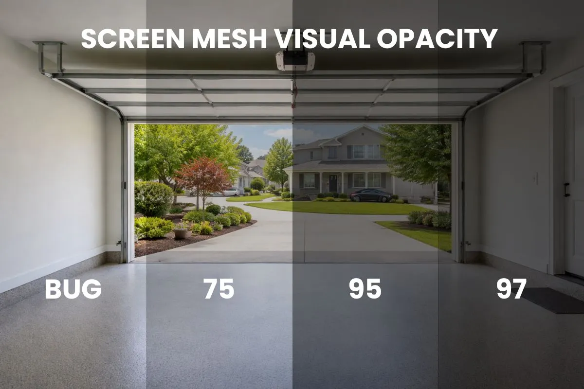 Garage screen fabric comparison — bug mesh vs solar vs privacy