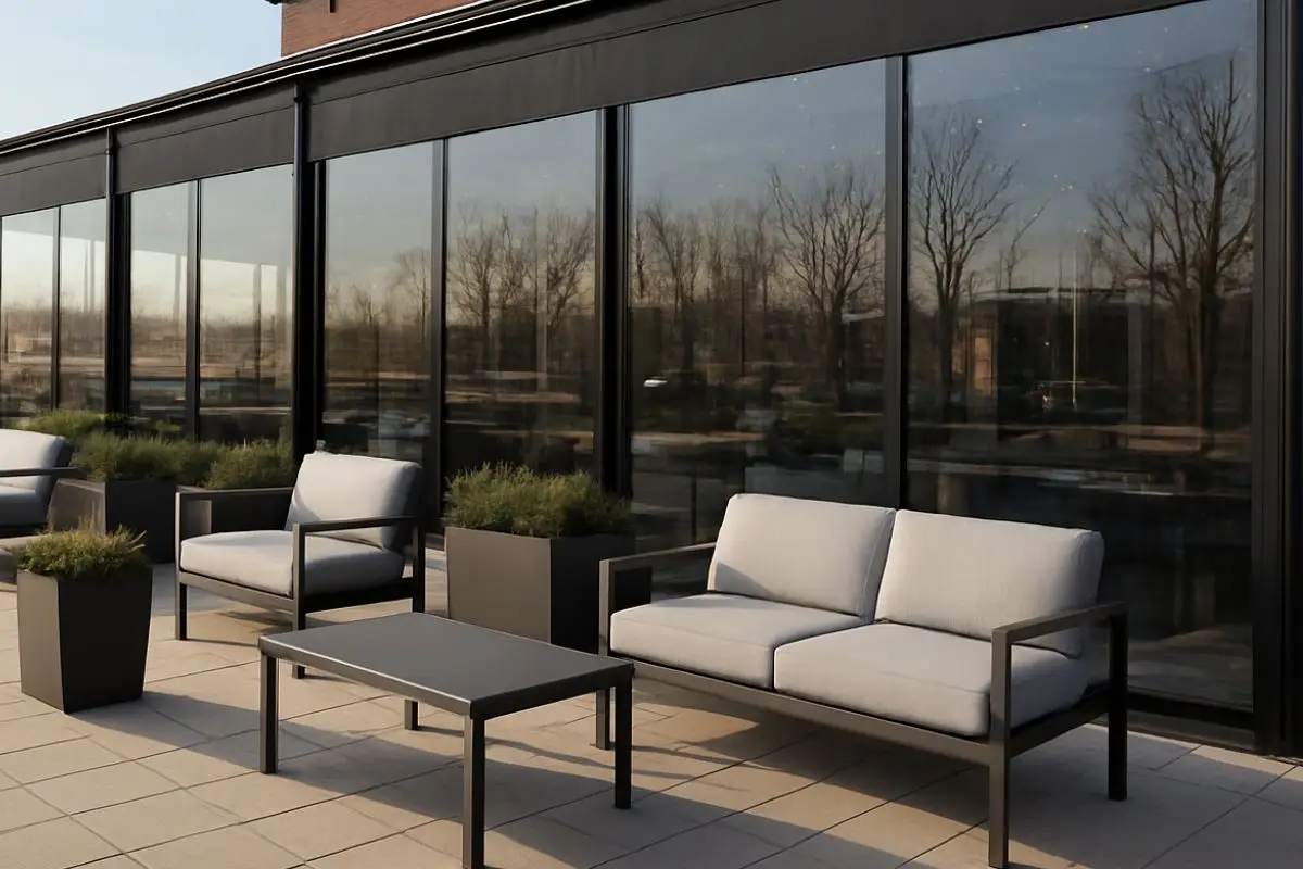 professional installer measuring patio opening for custom motorized outdoor shade